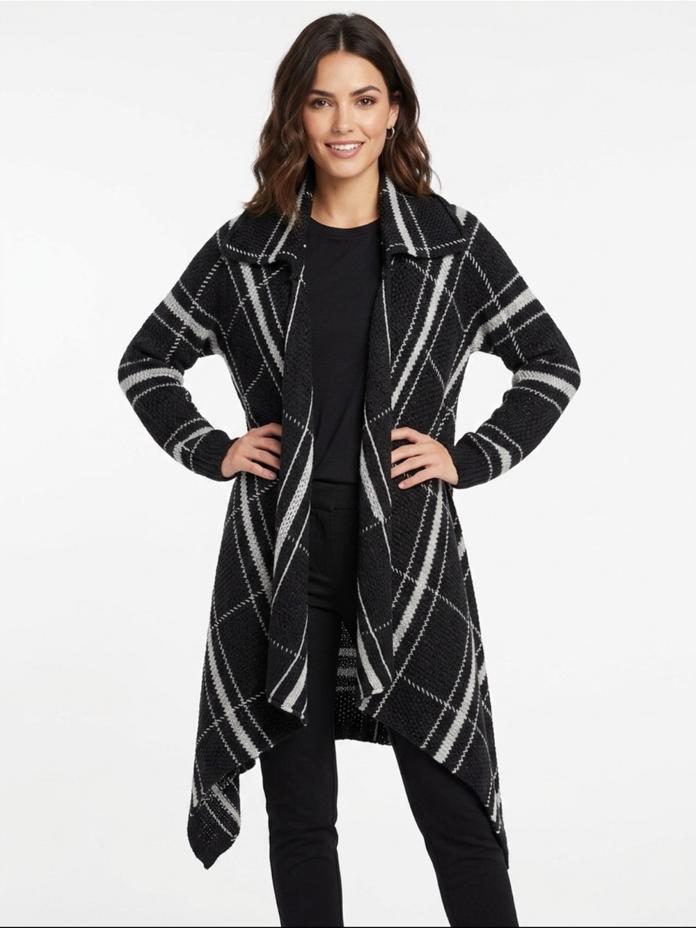 Chico’s Wool Blend Black & White Open Front Draped Waterfall Cardigan Sweater